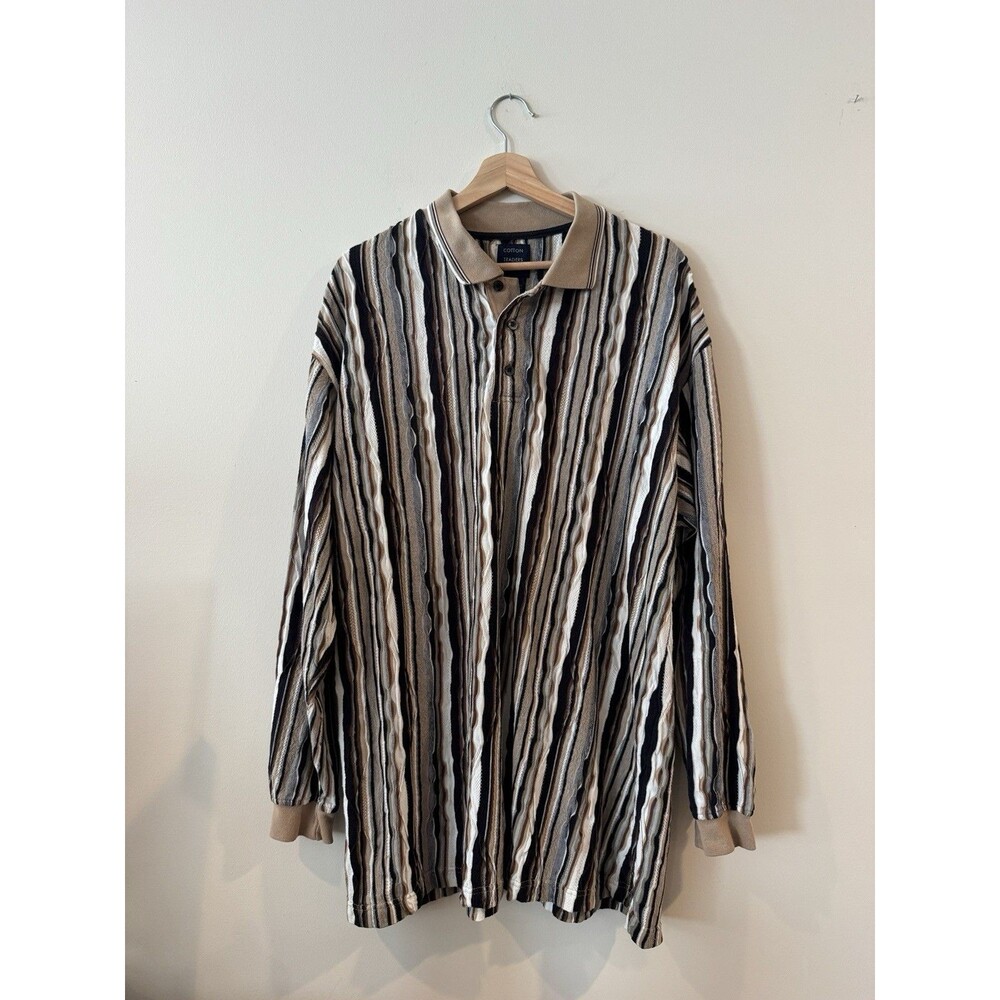 Cotton Traders Sport Polo Shirt XL Vertical Stripe Long Sleeve 3D Knit Vintage